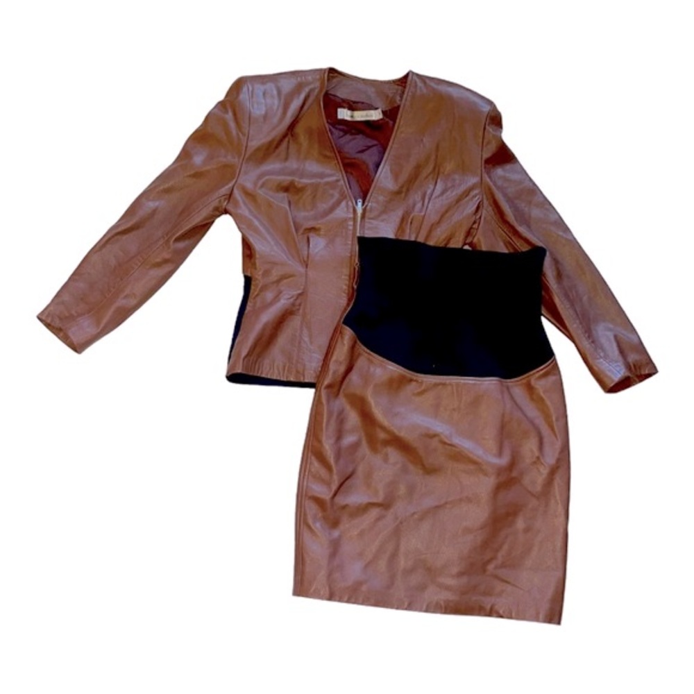 Brown Leather Skirt Set with Black Waist Panel - Picture 8 of 12